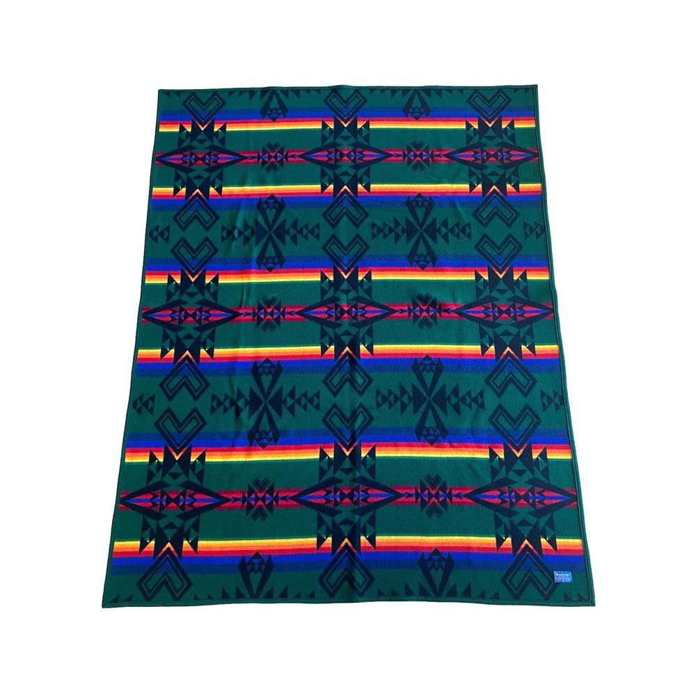 VTG Pendleton Beaver State Great Spirit Robe Wool Blanket Green Rainbow USA-Made